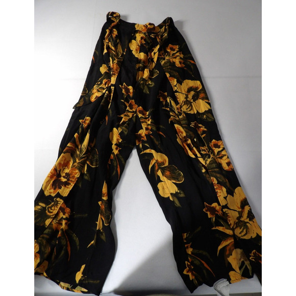 Faithfull The Brand Sz 6 Wrap Pants Black Orange Floral Palazzo Front Slits Pull - Picture 4 of 16